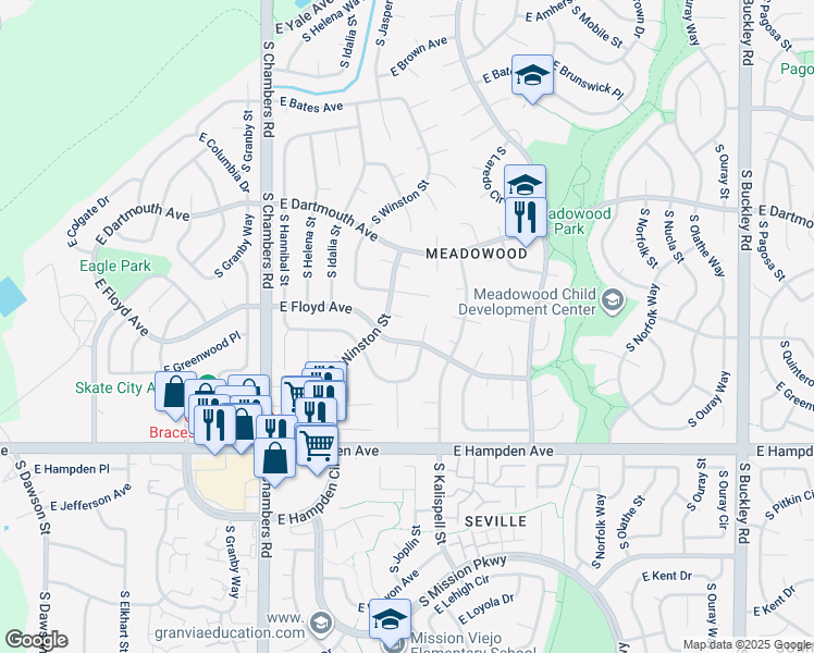 map of restaurants, bars, coffee shops, grocery stores, and more near 15706 East Flora Place in Aurora