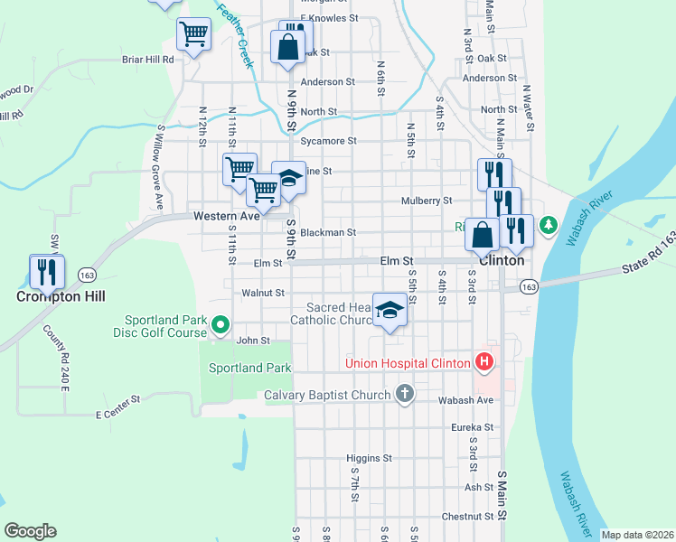 map of restaurants, bars, coffee shops, grocery stores, and more near 756 Elm Street in Clinton