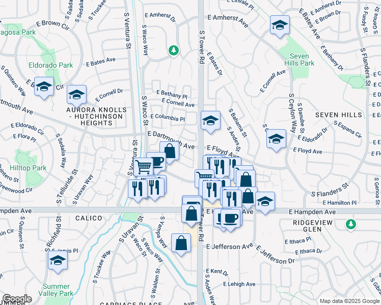 map of restaurants, bars, coffee shops, grocery stores, and more near 3238 South Yampa Way in Aurora
