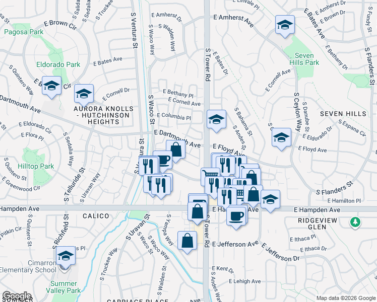 map of restaurants, bars, coffee shops, grocery stores, and more near 3238 South Yampa Way in Aurora