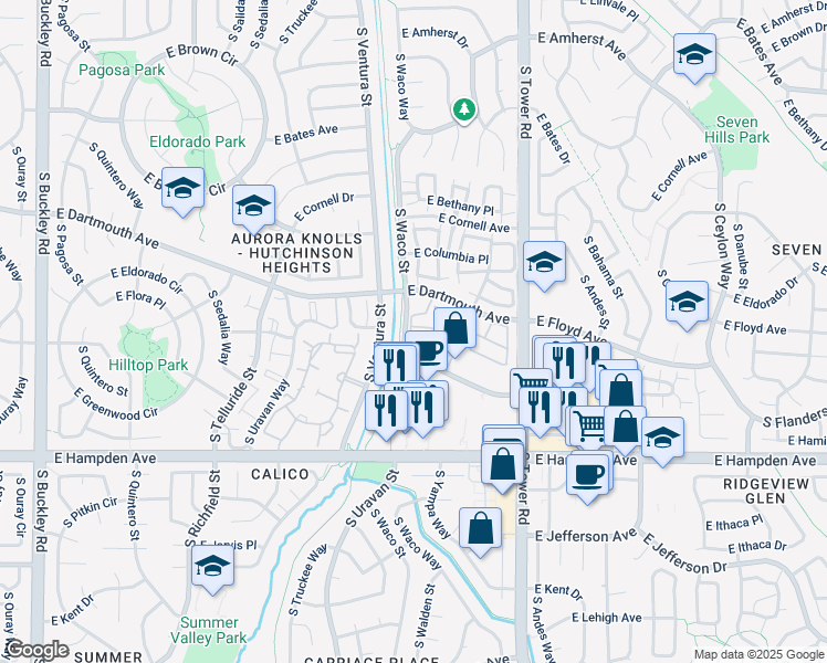 map of restaurants, bars, coffee shops, grocery stores, and more near 18151 East Flora Place in Aurora
