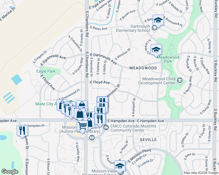 map of restaurants, bars, coffee shops, grocery stores, and more near 15636 East Floyd Avenue in Aurora