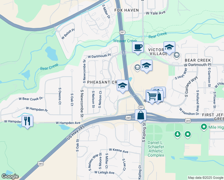 map of restaurants, bars, coffee shops, grocery stores, and more near 10487 West Hampden Avenue in Lakewood