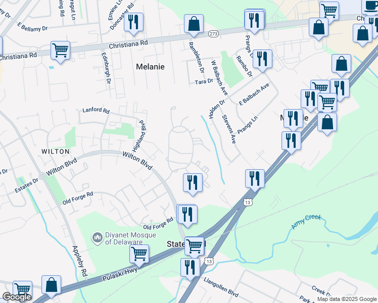 map of restaurants, bars, coffee shops, grocery stores, and more near 241 Stonebridge Boulevard in New Castle