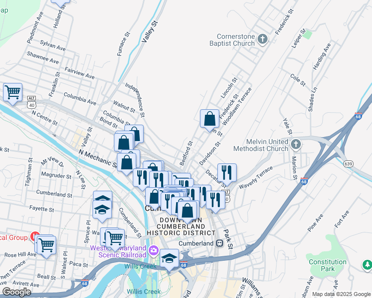 map of restaurants, bars, coffee shops, grocery stores, and more near 326 Bedford Street in Cumberland