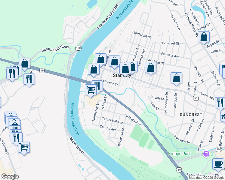 map of restaurants, bars, coffee shops, grocery stores, and more near 339 Broadway Avenue in Morgantown
