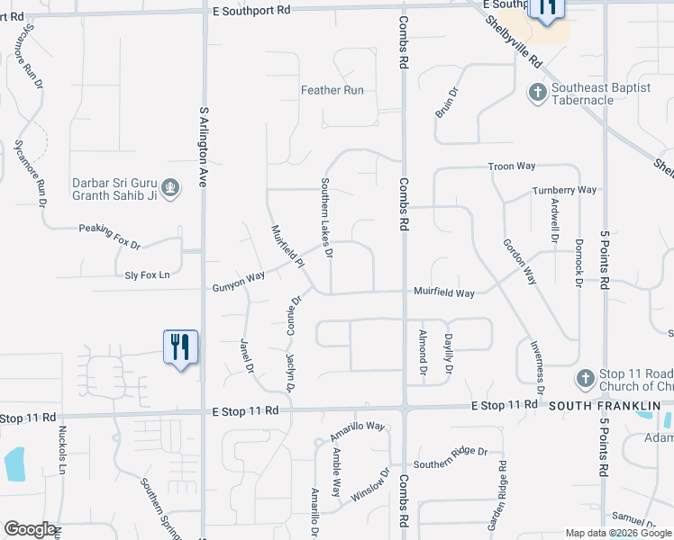 map of restaurants, bars, coffee shops, grocery stores, and more near 7640 Southern Lakes Drive in Indianapolis