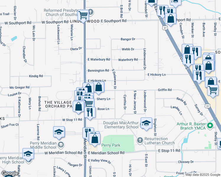 map of restaurants, bars, coffee shops, grocery stores, and more near 224 Griffin Road in Indianapolis