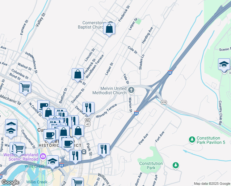 map of restaurants, bars, coffee shops, grocery stores, and more near 454 Baltimore Avenue in Cumberland