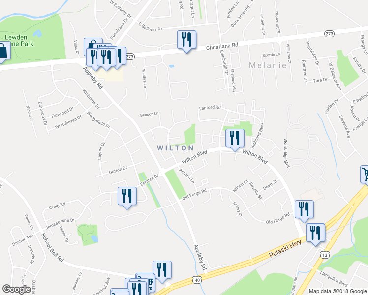 map of restaurants, bars, coffee shops, grocery stores, and more near 10 Ridley Court in New Castle