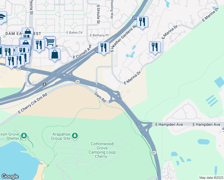 map of restaurants, bars, coffee shops, grocery stores, and more near Parker East Trail in Aurora