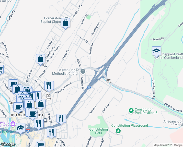 map of restaurants, bars, coffee shops, grocery stores, and more near 132 East Reynolds Street in Cumberland