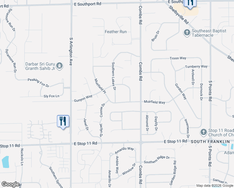 map of restaurants, bars, coffee shops, grocery stores, and more near 7640 Southern Lakes Drive in Indianapolis