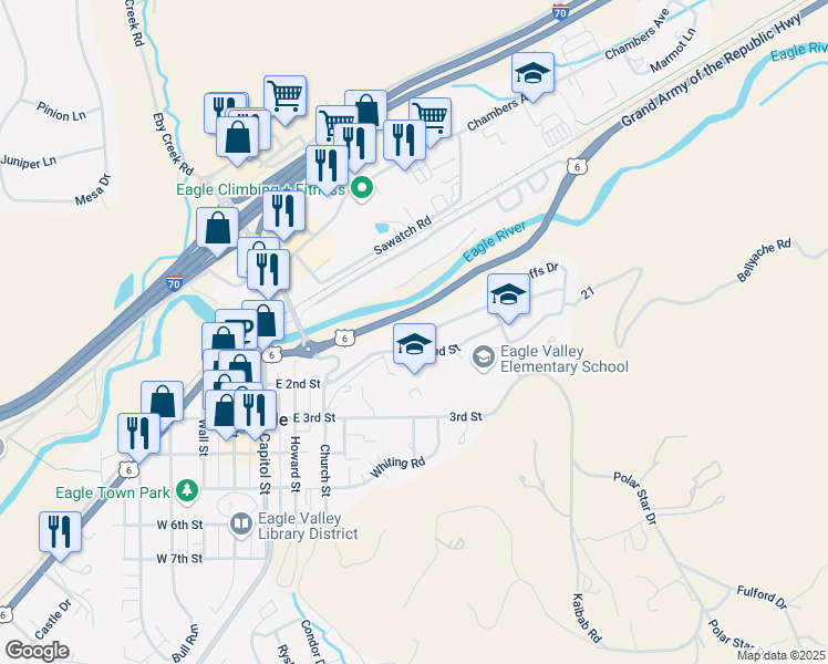 map of restaurants, bars, coffee shops, grocery stores, and more near 25 Sunrise Ln in Eagle