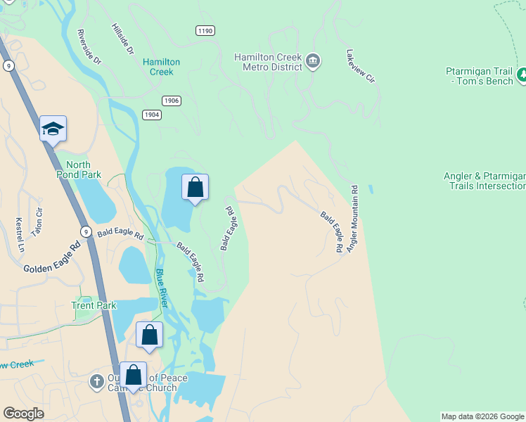 map of restaurants, bars, coffee shops, grocery stores, and more near 988 Bald Eagle Road in Silverthorne