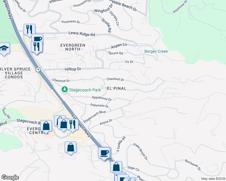 map of restaurants, bars, coffee shops, grocery stores, and more near 30124 Roan Drive in Evergreen