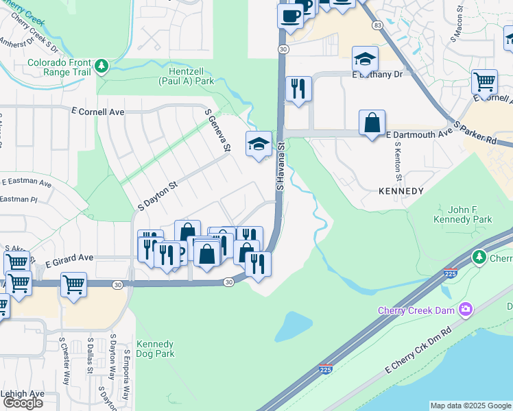 map of restaurants, bars, coffee shops, grocery stores, and more near 107 East Girard Avenue in Denver