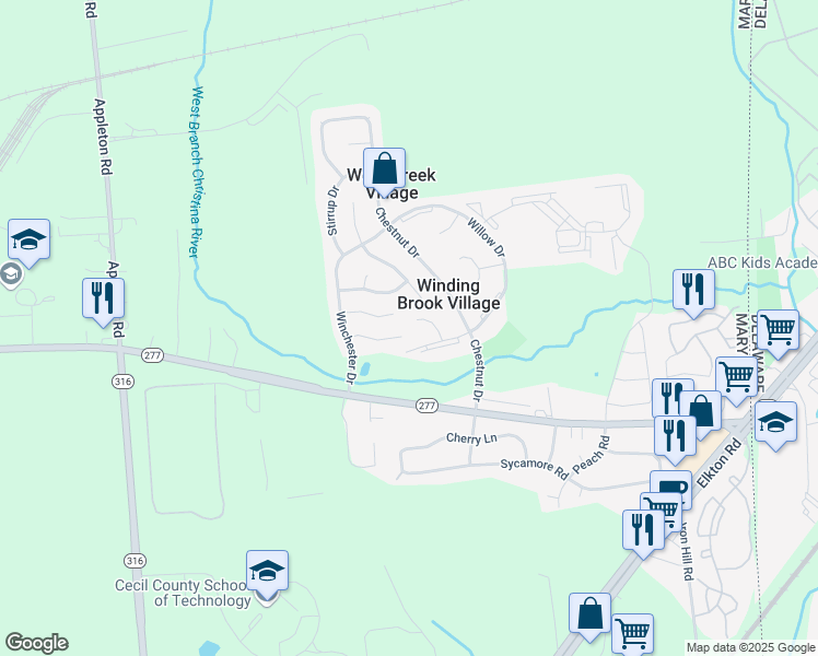 map of restaurants, bars, coffee shops, grocery stores, and more near 45 Cimarron Circle in Elkton