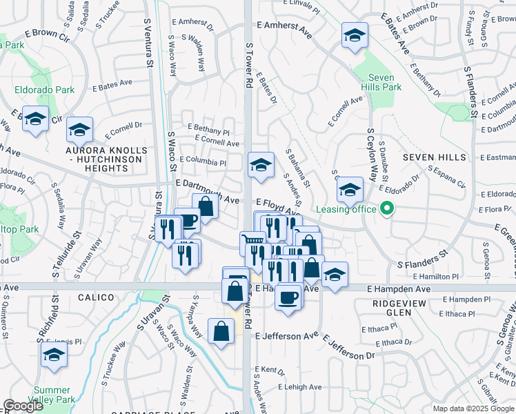 map of restaurants, bars, coffee shops, grocery stores, and more near 18565 East Greenwood Place in Aurora