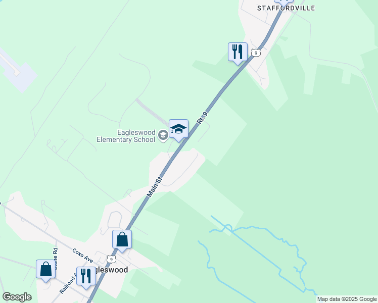 map of restaurants, bars, coffee shops, grocery stores, and more near 43 Eagle Ridge Lane in Eagleswood