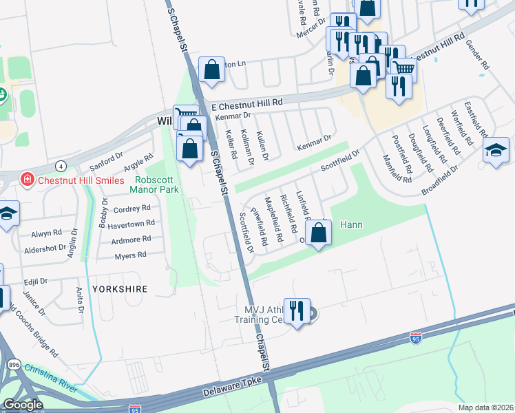 map of restaurants, bars, coffee shops, grocery stores, and more near 173 Scottfield Drive in Newark