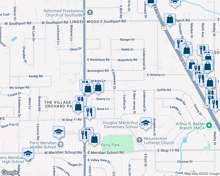 map of restaurants, bars, coffee shops, grocery stores, and more near 224 Griffin Road in Indianapolis