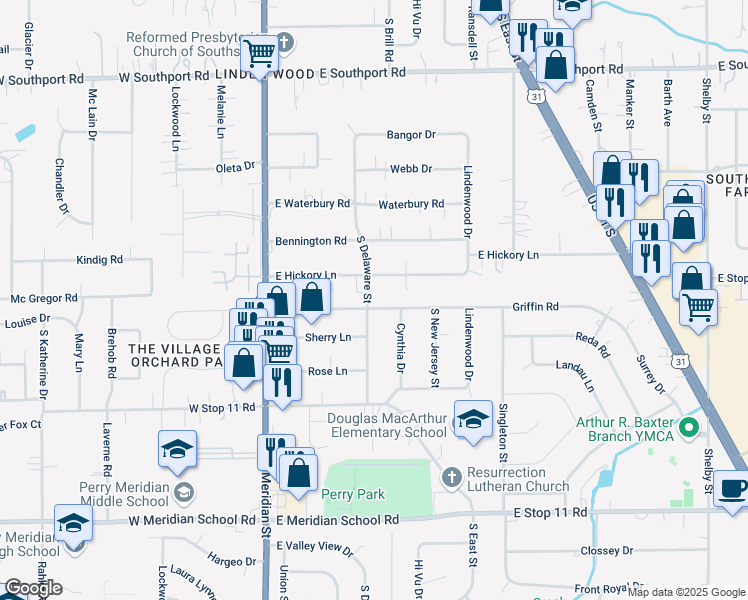 map of restaurants, bars, coffee shops, grocery stores, and more near 224 Griffin Road in Indianapolis