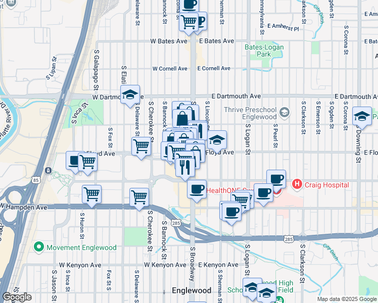 map of restaurants, bars, coffee shops, grocery stores, and more near 3295 South Broadway in Englewood
