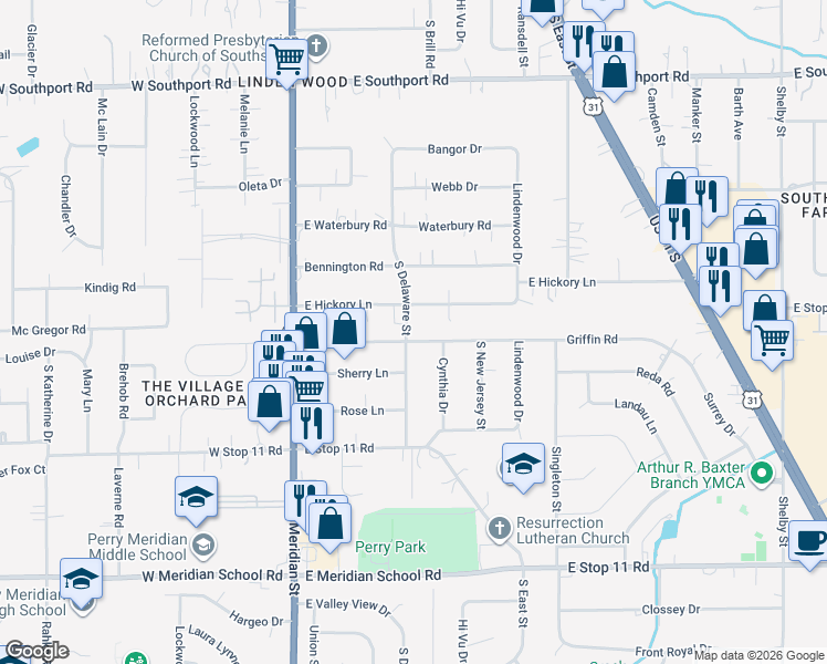 map of restaurants, bars, coffee shops, grocery stores, and more near 224 Griffin Road in Indianapolis