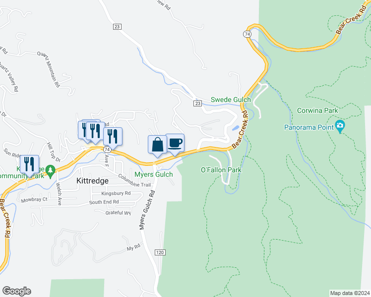 map of restaurants, bars, coffee shops, grocery stores, and more near 25799 Route 74 in Evergreen