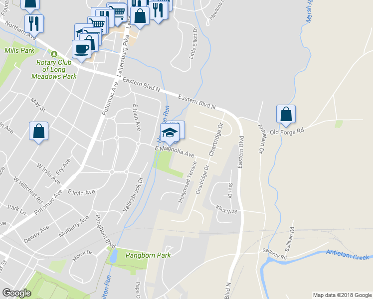 map of restaurants, bars, coffee shops, grocery stores, and more near 316 East Magnolia Avenue in Hagerstown