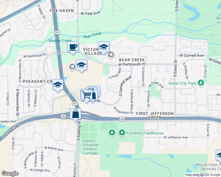 map of restaurants, bars, coffee shops, grocery stores, and more near 3270 South Hoyt Way in Lakewood