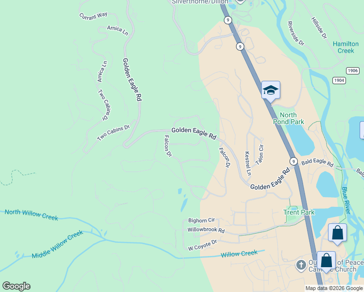 map of restaurants, bars, coffee shops, grocery stores, and more near 308 Red Hawk Circle in Silverthorne