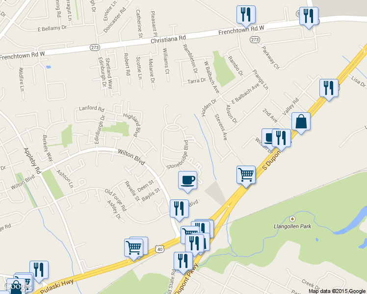 map of restaurants, bars, coffee shops, grocery stores, and more near 245 Stonebridge Boulevard in New Castle