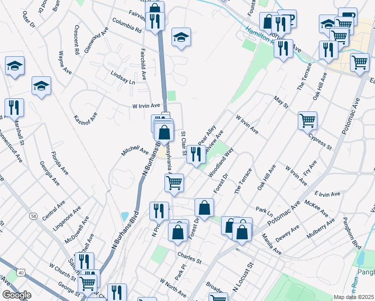 map of restaurants, bars, coffee shops, grocery stores, and more near 910 Saint Clair Street in Hagerstown