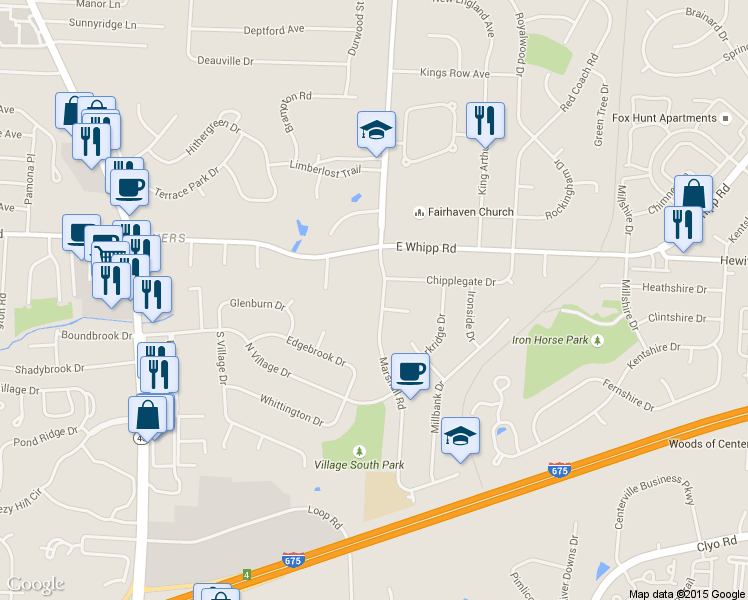 map of restaurants, bars, coffee shops, grocery stores, and more near 6061 Marshall Road in Dayton