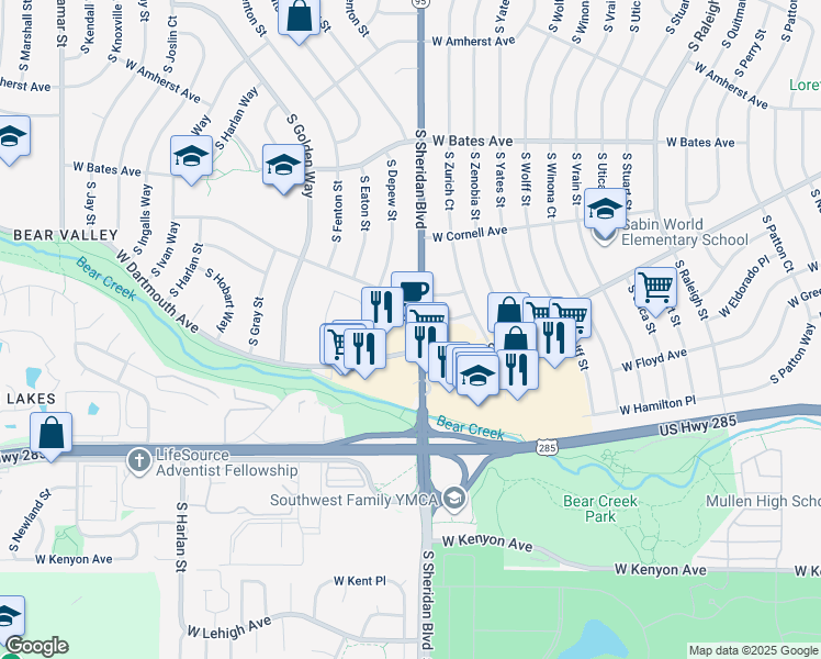 map of restaurants, bars, coffee shops, grocery stores, and more near 3087 South Sheridan Boulevard in Denver