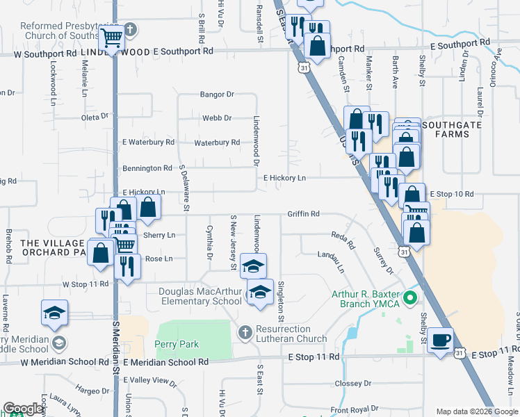 map of restaurants, bars, coffee shops, grocery stores, and more near 438 Griffin Road in Indianapolis