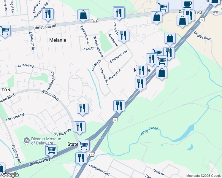 map of restaurants, bars, coffee shops, grocery stores, and more near 7 Stevens Avenue in New Castle