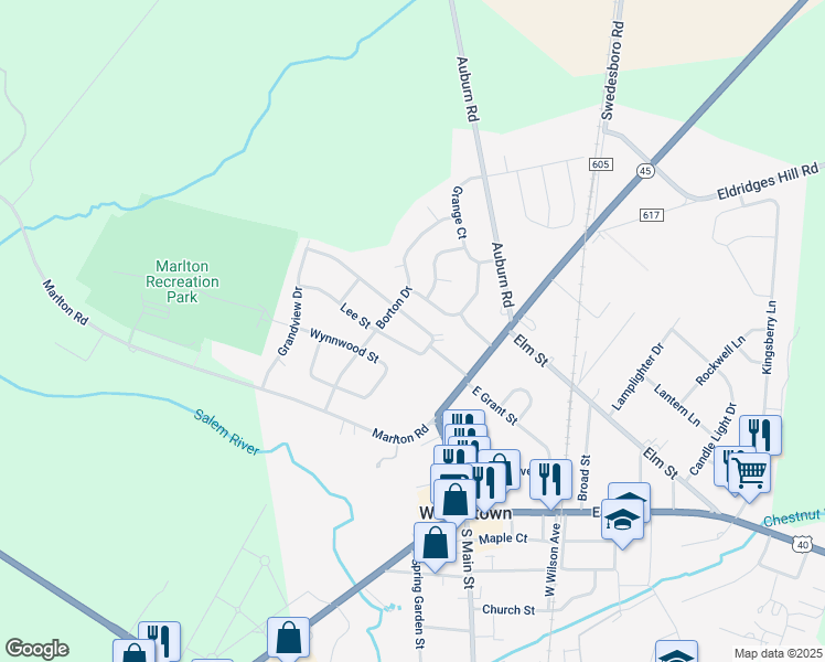 map of restaurants, bars, coffee shops, grocery stores, and more near 24 West Grant Street in Woodstown