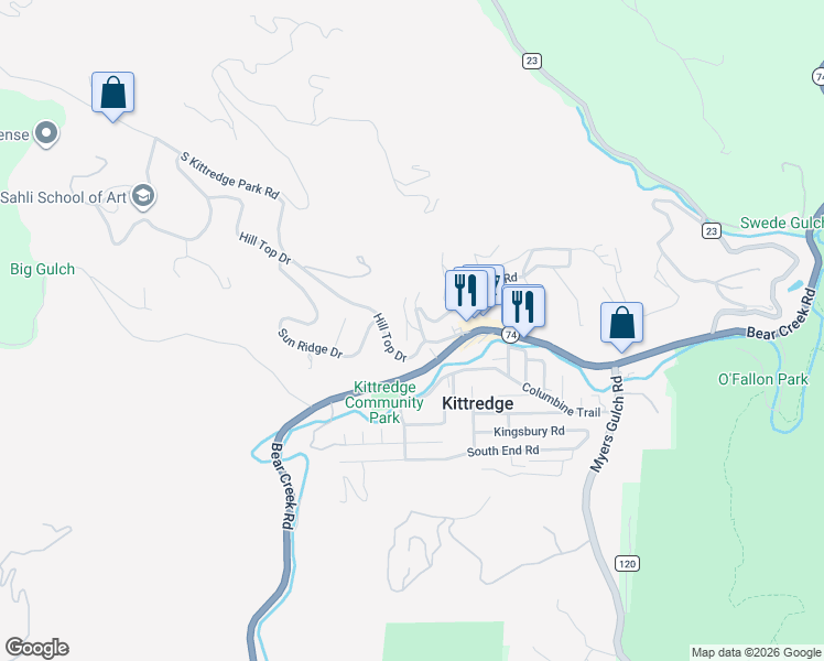 map of restaurants, bars, coffee shops, grocery stores, and more near 3367 B Russell Gulch Road in Evergreen