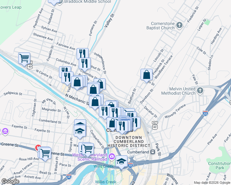 map of restaurants, bars, coffee shops, grocery stores, and more near 205 Columbia Street in Cumberland