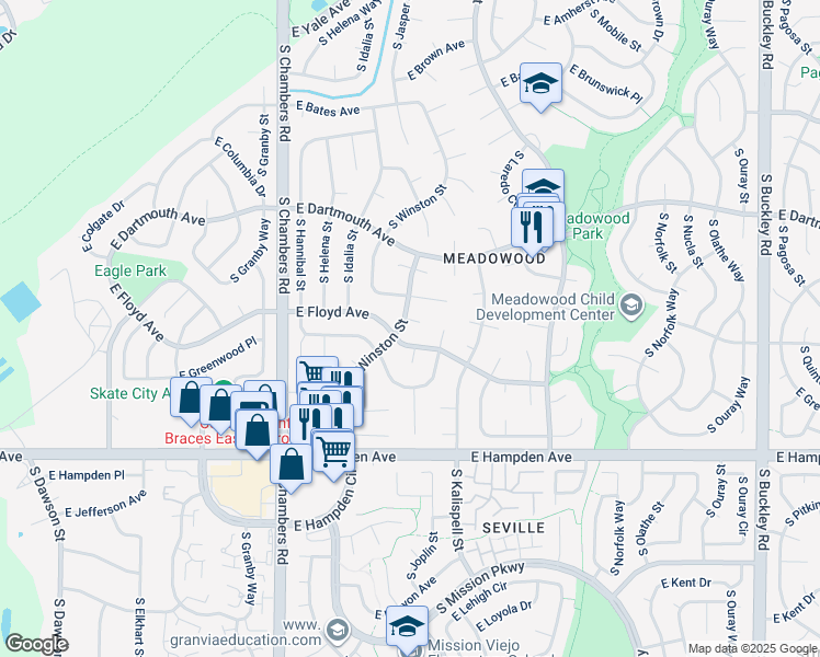 map of restaurants, bars, coffee shops, grocery stores, and more near 15706 East Flora Place in Aurora