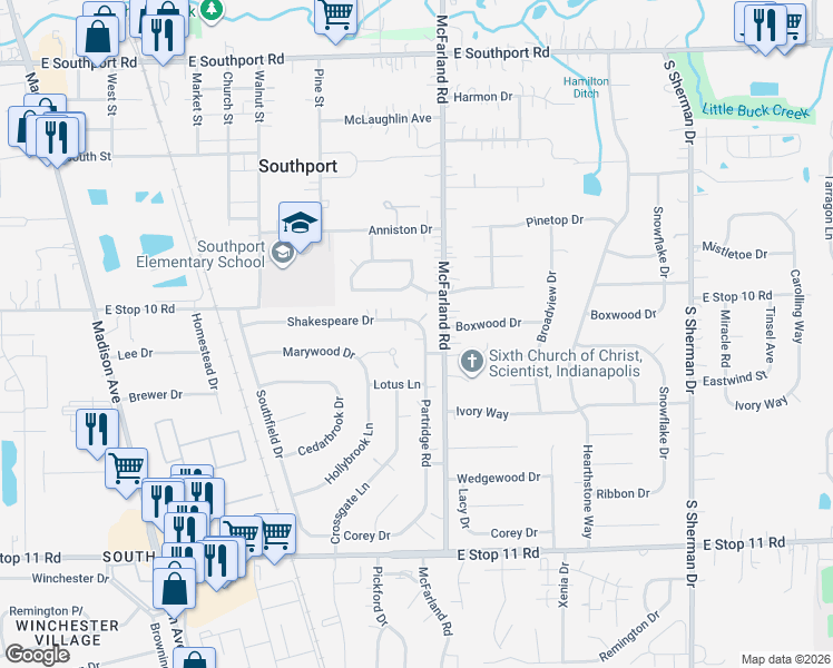 map of restaurants, bars, coffee shops, grocery stores, and more near 7536 Partridge Rd in Southport