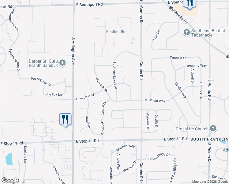 map of restaurants, bars, coffee shops, grocery stores, and more near 7640 Southern Lakes Drive in Indianapolis