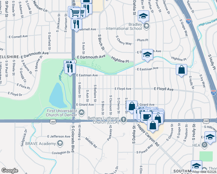 map of restaurants, bars, coffee shops, grocery stores, and more near 3295 South Clermont Street in Denver