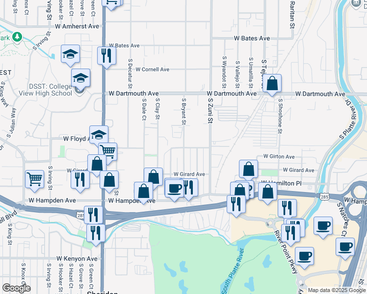 map of restaurants, bars, coffee shops, grocery stores, and more near 3296 South Bryant Street in Englewood