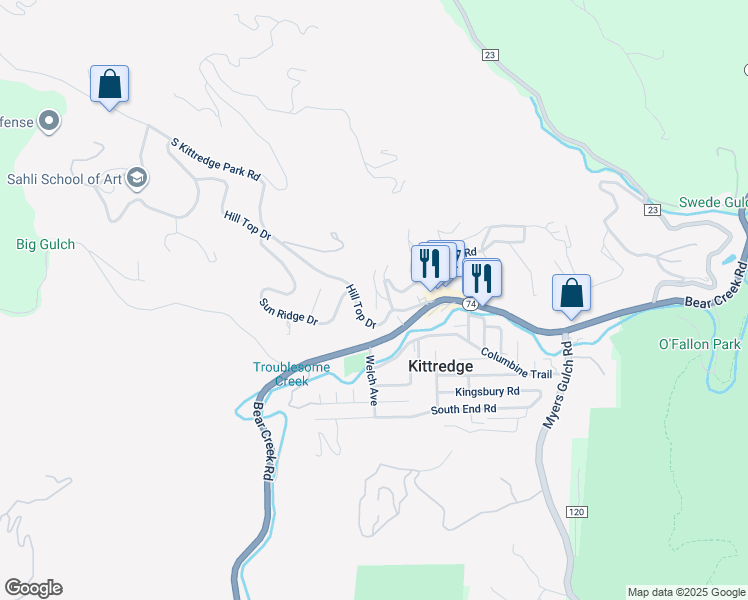 map of restaurants, bars, coffee shops, grocery stores, and more near 3367 B Russell Gulch Road in Evergreen