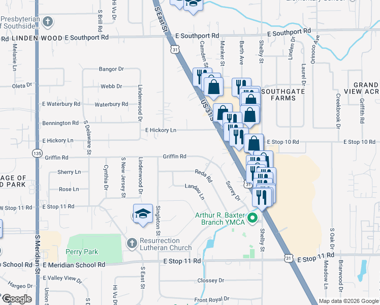 map of restaurants, bars, coffee shops, grocery stores, and more near 714 Griffin Road in Indianapolis