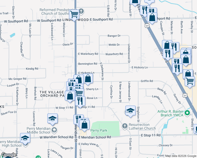 map of restaurants, bars, coffee shops, grocery stores, and more near 224 Griffin Road in Indianapolis